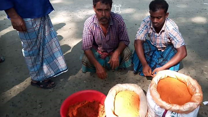 কাঠের গুড়া ও ধানের ভূষিতে কাপড়ের রং মিশিয়ে মরিচ বিক্রি