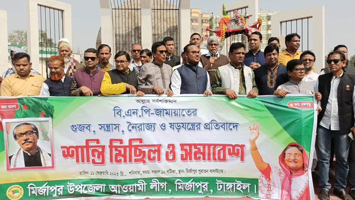 মির্জাপুরে বিএনপি-জামায়াতের ষড়যন্ত্রের প্রতিবাদে আ.লীগের শান্তি মিছিল