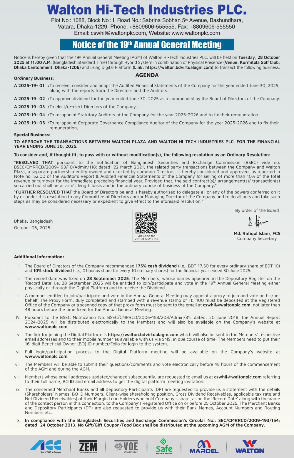 Notice of the 19th AGM of Walton Hi-Tech Industries PLC.